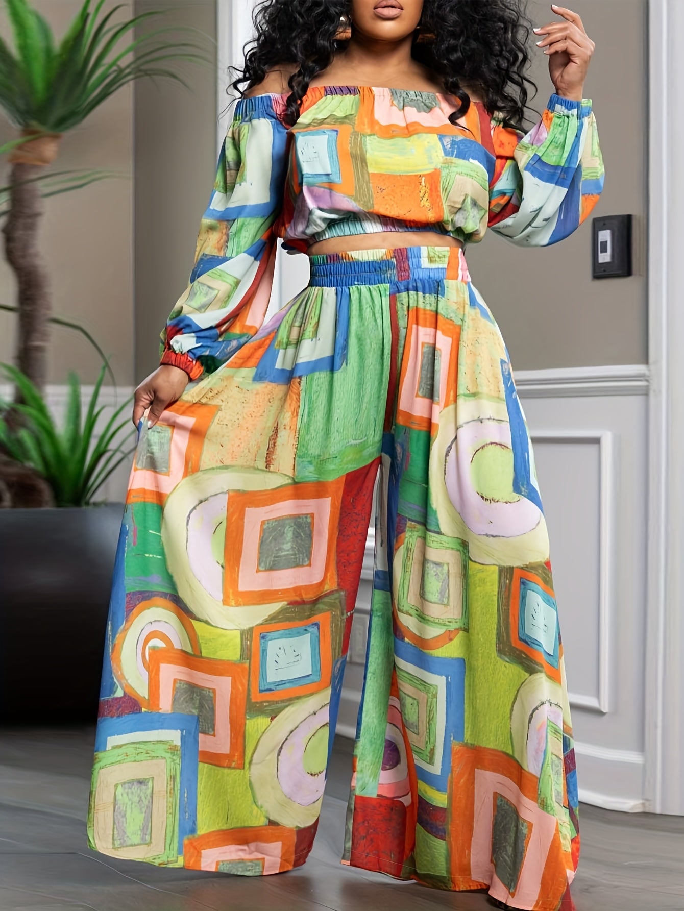 Summer Paisley Print Single Shoulder Bat Sleeve Off Shoulder Short Top And Wide Leg Pants Set