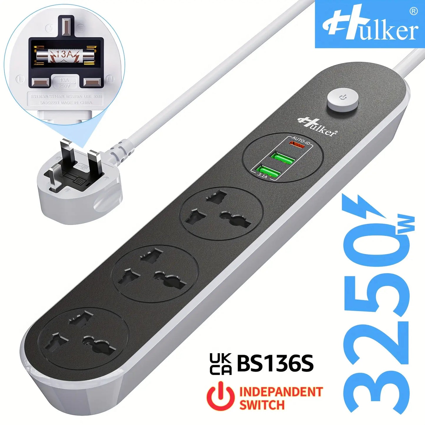 Extension Lead with USB slots 3 Way 3 USB Ports