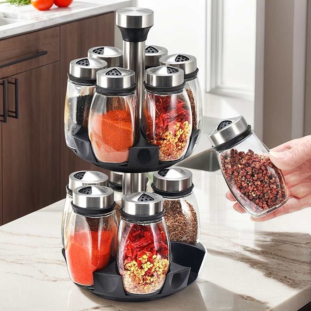 360° Rotating Spice Rack Tower Set, Equipped with 6 Glass Refill Containers