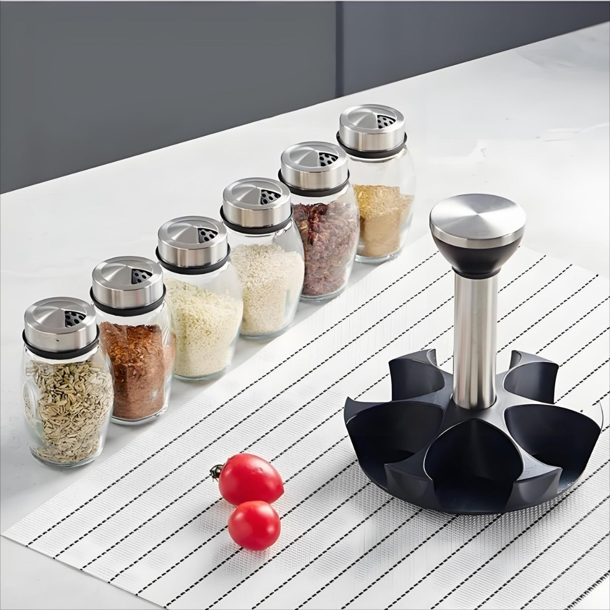 360° Rotating Spice Rack Tower Set, Equipped with 6 Glass Refill Containers