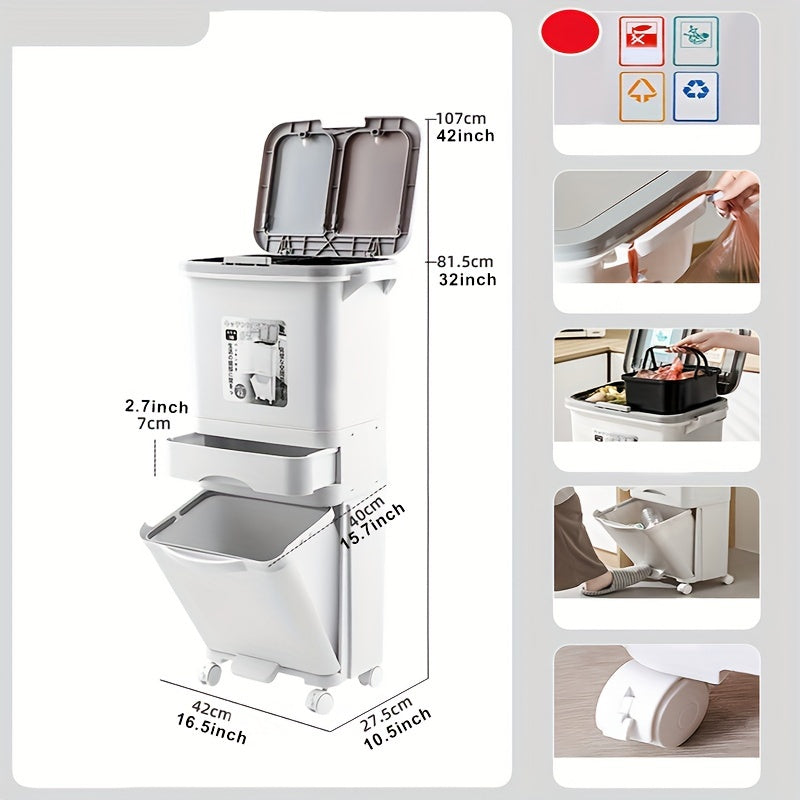 1pc Large Dual-Compartment Kitchen Trash Can with Wheels