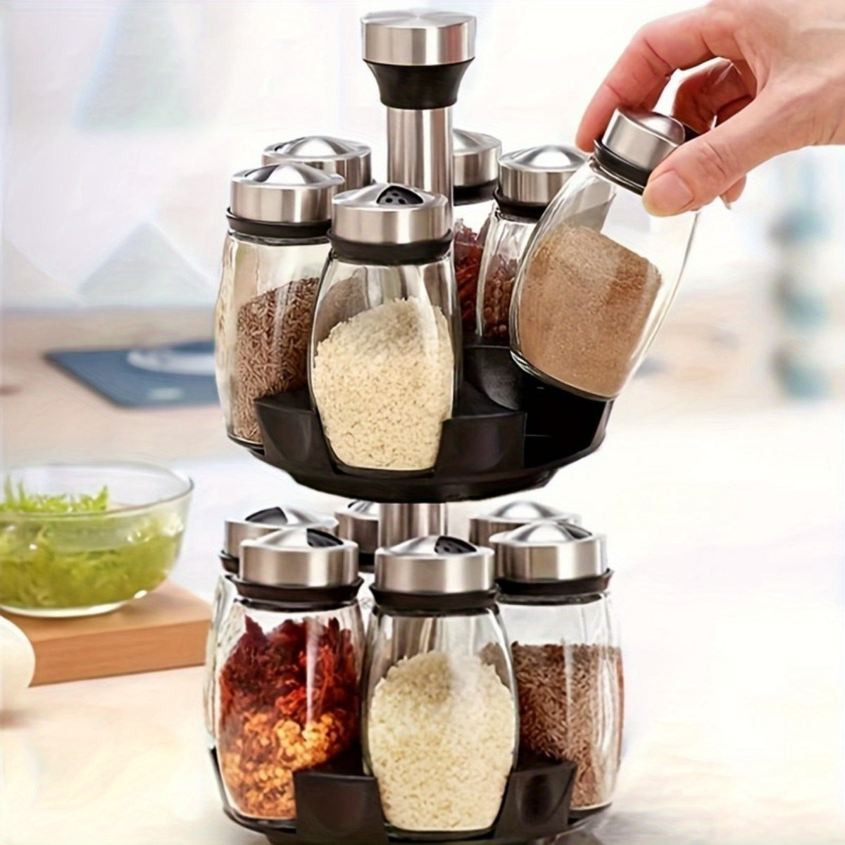 360° Rotating Spice Rack Tower Set, Equipped with 6 Glass Refill Containers