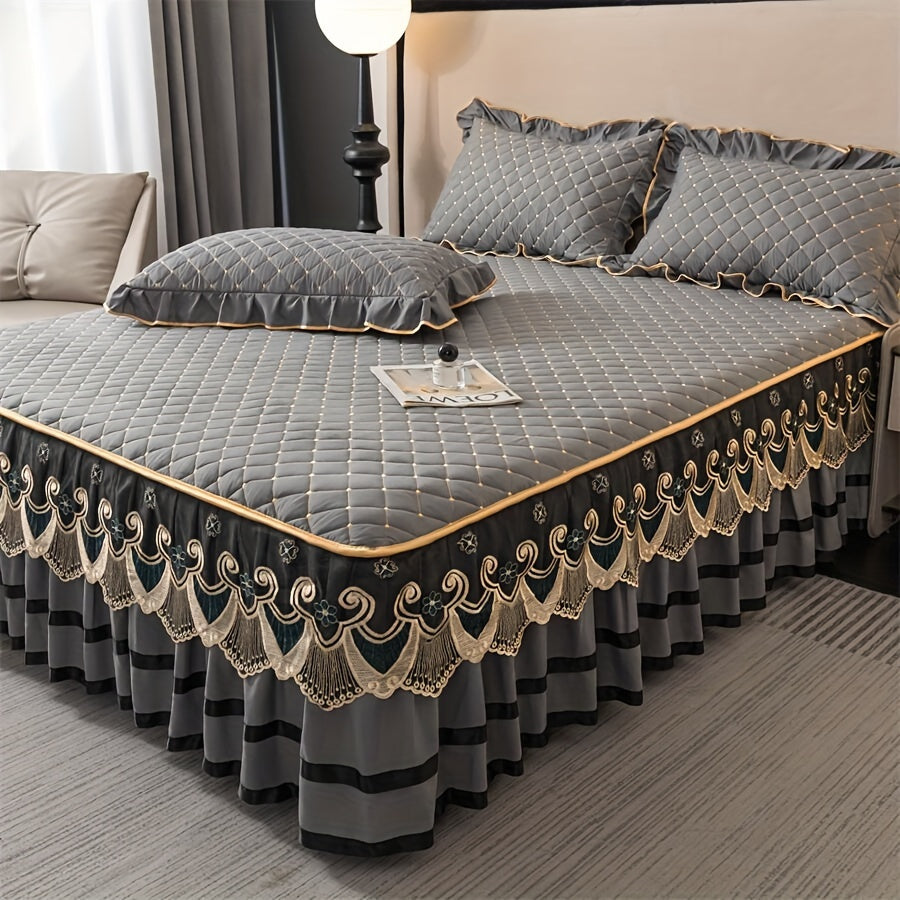 3pcs Bed Skirt Set Solid Color Quilted Thickened Lace Decoration