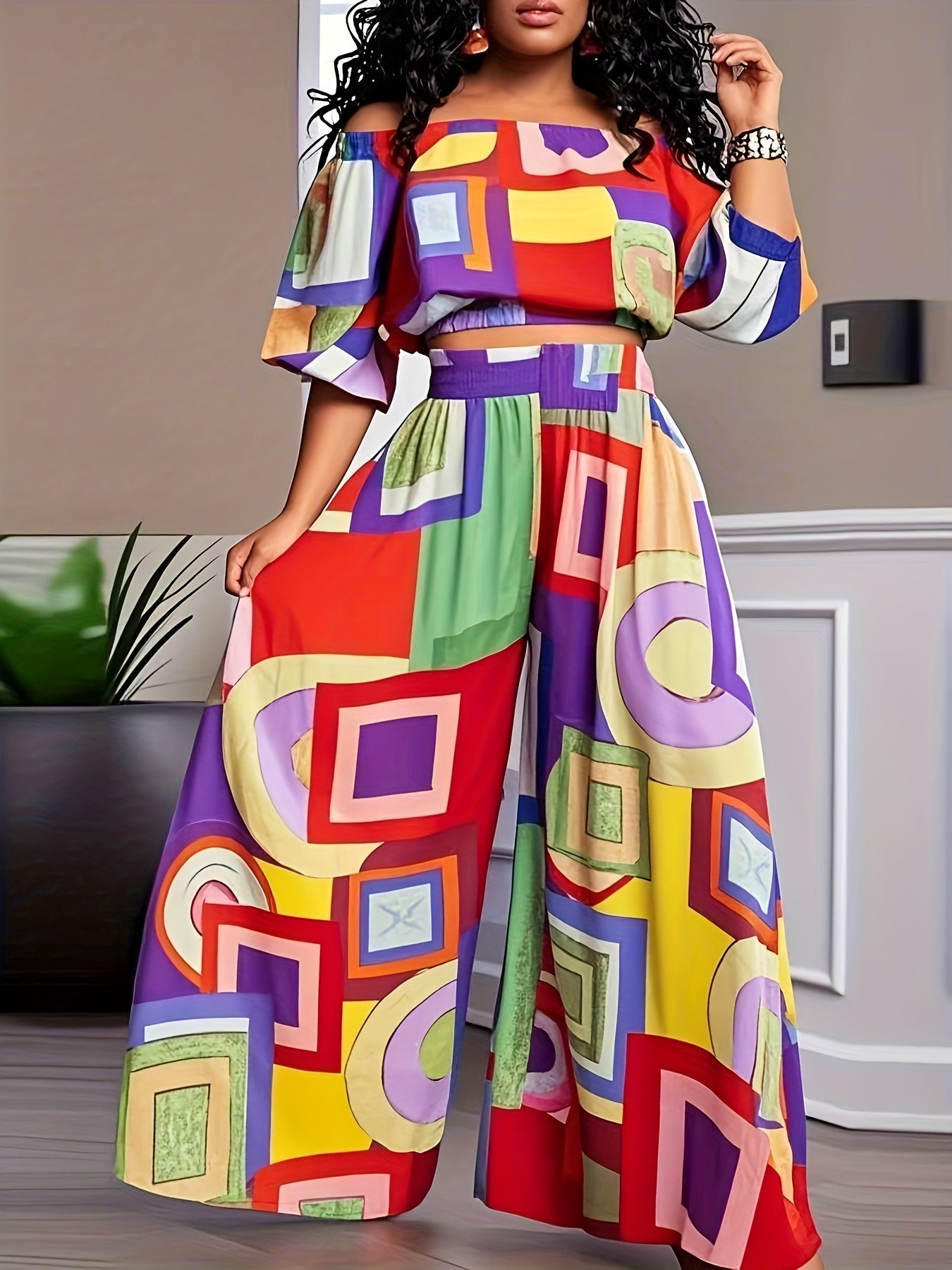 Summer Paisley Print Single Shoulder Bat Sleeve Off Shoulder Short Top And Wide Leg Pants Set