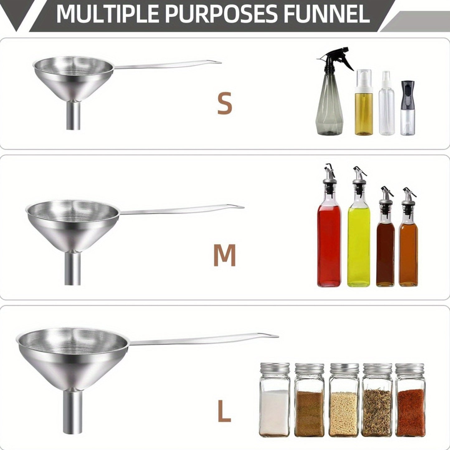 4pcs Stainless Steel Kitchen Funnel Set with Cleaning Brush