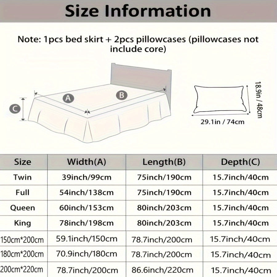 3pcs Printed Bed Skirt Set (Bed Skirt *1 + Pillowcase *2)