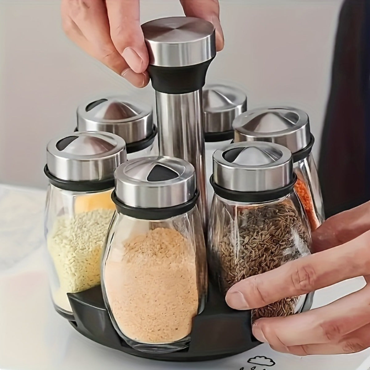 360° Rotating Spice Rack Tower Set, Equipped with 6 Glass Refill Containers