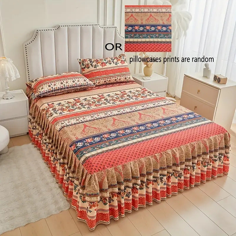 3pcs Printed Bed Skirt Set (Bed Skirt *1 + Pillowcase *2)