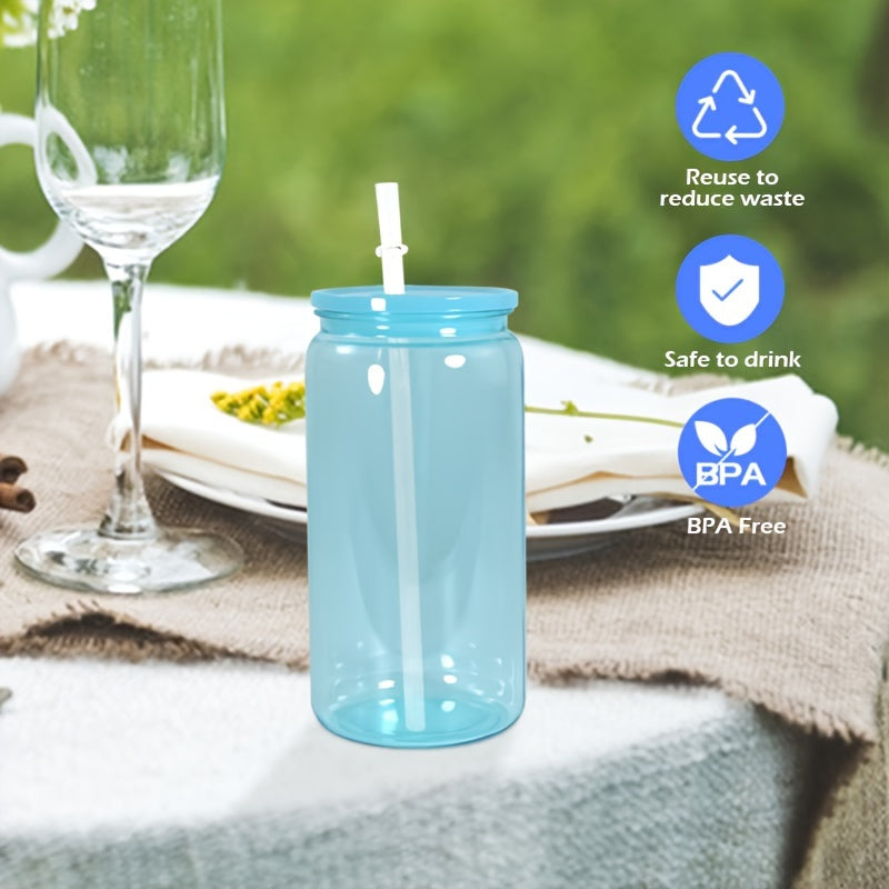 6pcs 16oz Clear Jelly Colored Plastic Can Cups with Lids and Straws