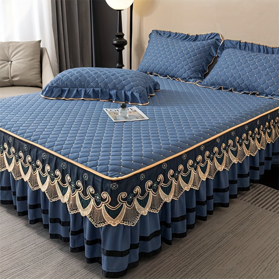 3pcs Bed Skirt Set Solid Color Quilted Thickened Lace Decoration