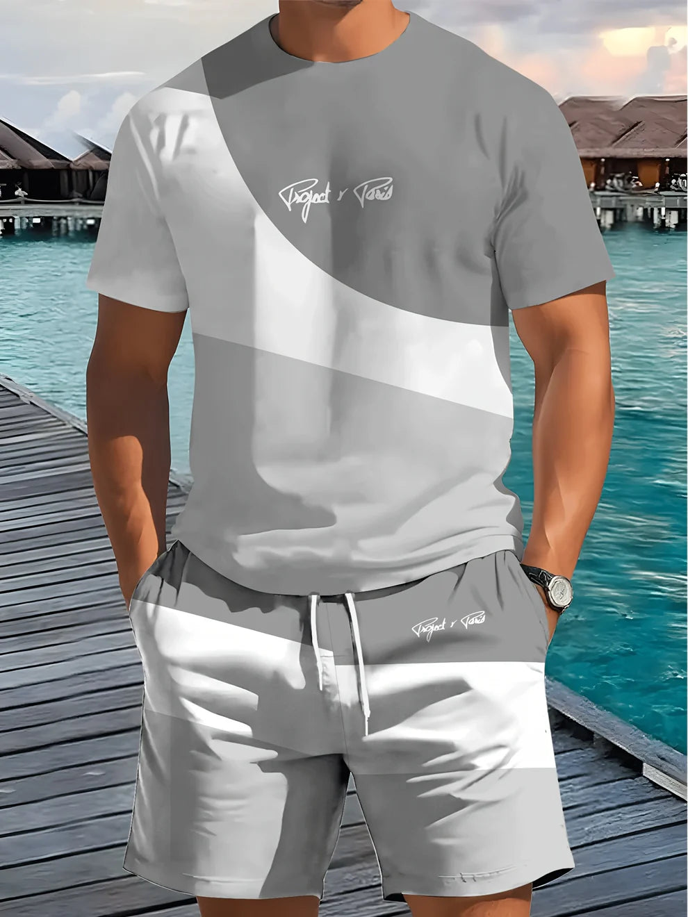 1 set of 2pcs 3D letter print stylish three-color Men's summer fresh T-shirt and shorts set