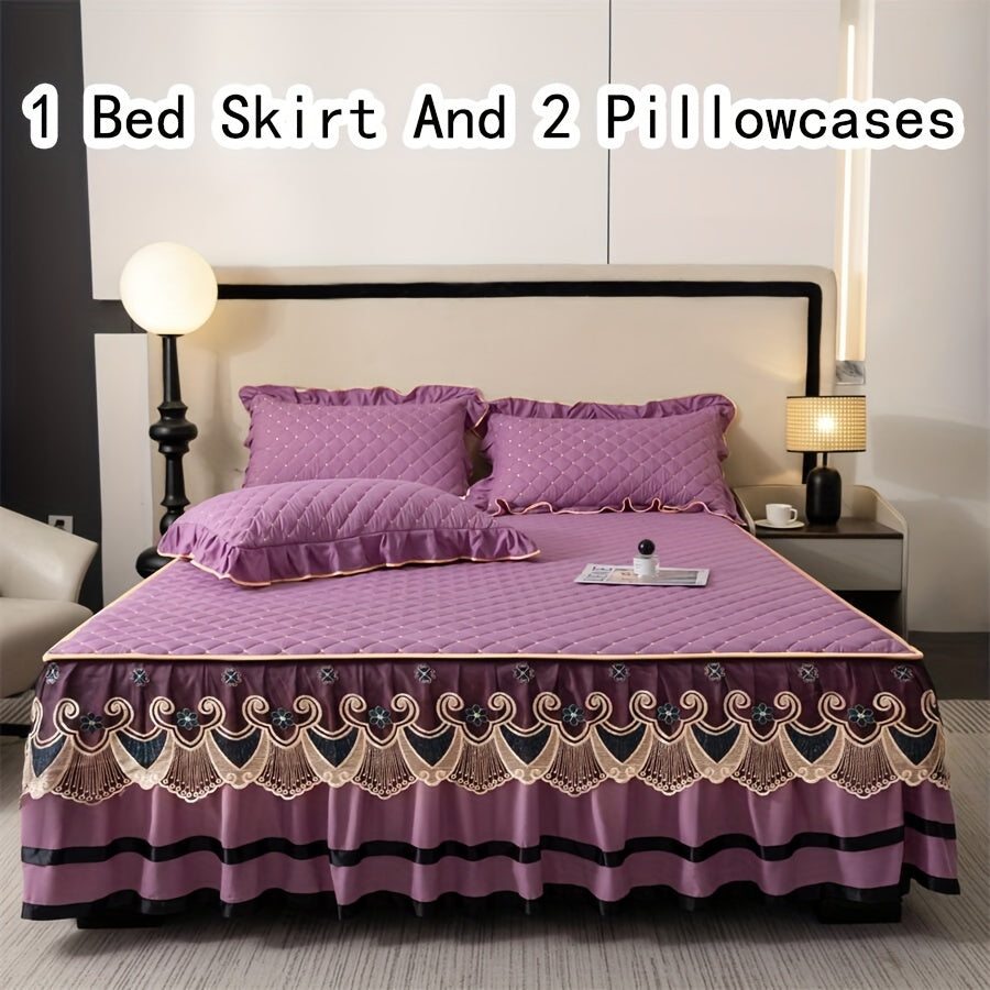 3pcs Bed Skirt Set Solid Color Quilted Thickened Lace Decoration