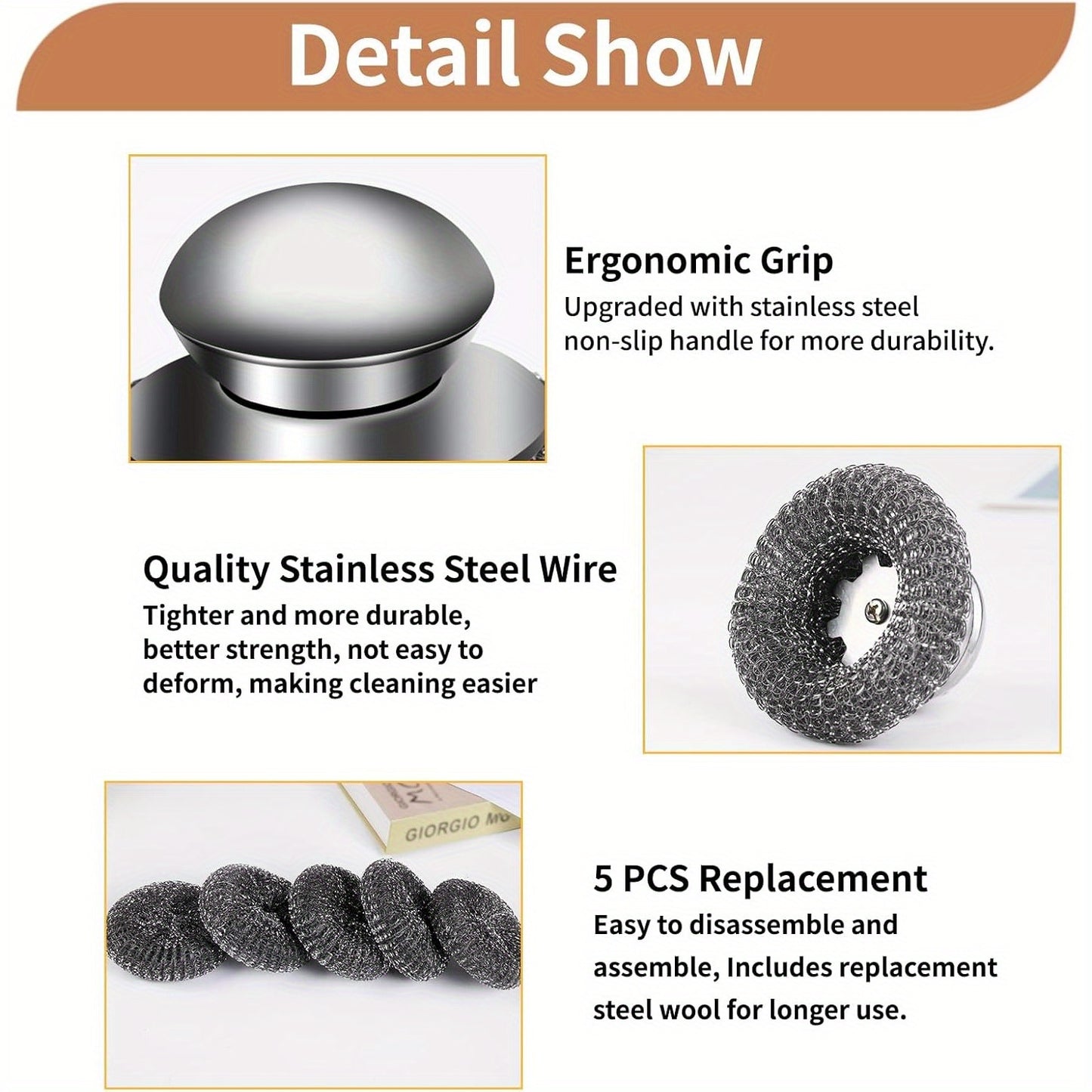 Stainless Steel Scrubber 6pcs with Replacement Wire Pads Set