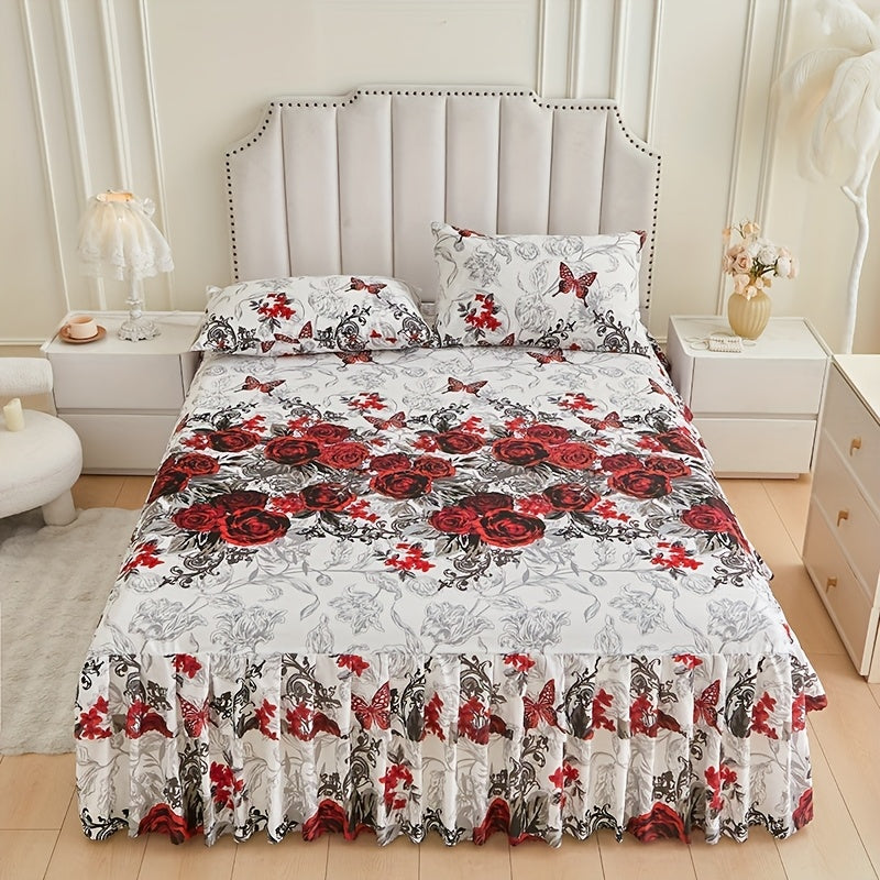 3pcs Printed Bed Skirt Set (Bed Skirt *1 + Pillowcase *2)