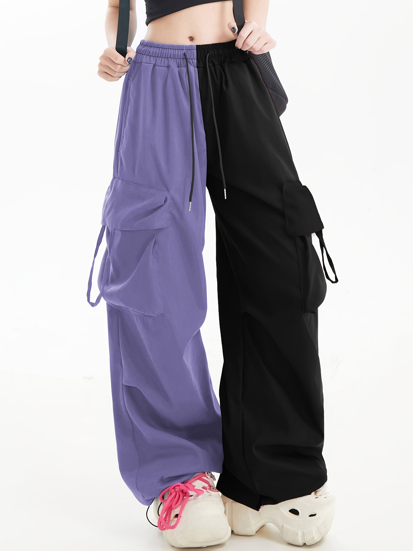 Women's High-Street Casual Cargo Pants - Two-Tone Color Block