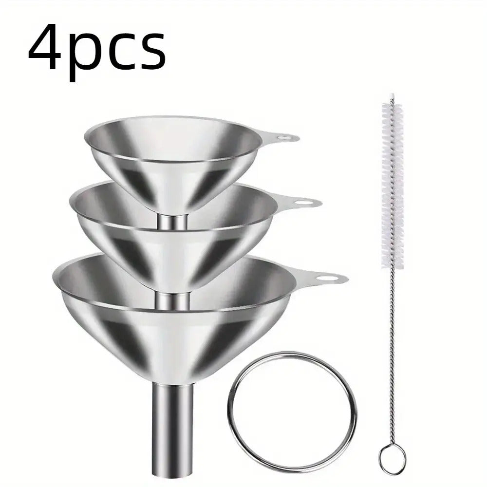 4pcs Stainless Steel Kitchen Funnel Set with Cleaning Brush