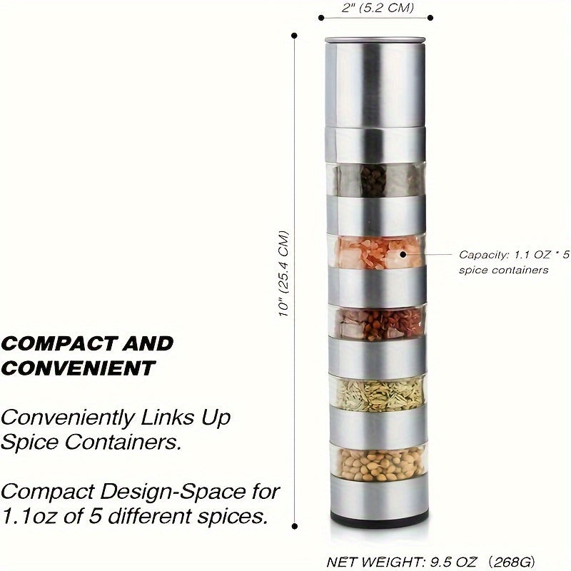 5-in-1 Stainless Steel Spice & Salt Grinder Set