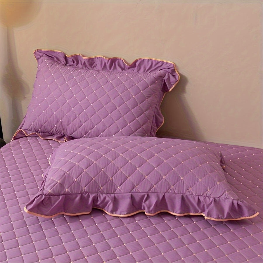3pcs Bed Skirt Set Solid Color Quilted Thickened Lace Decoration