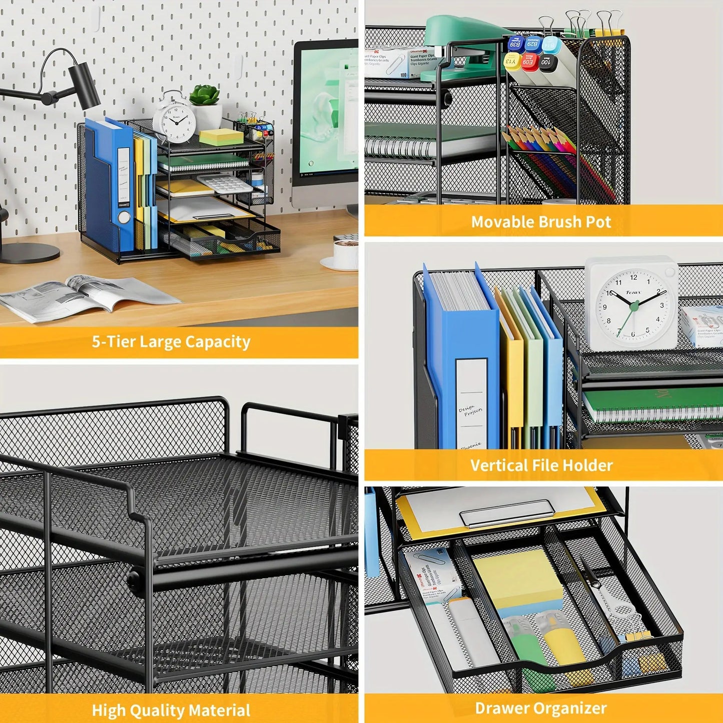 5-Tier Metal Mesh Desk Organizer with Large Vertical File Holder