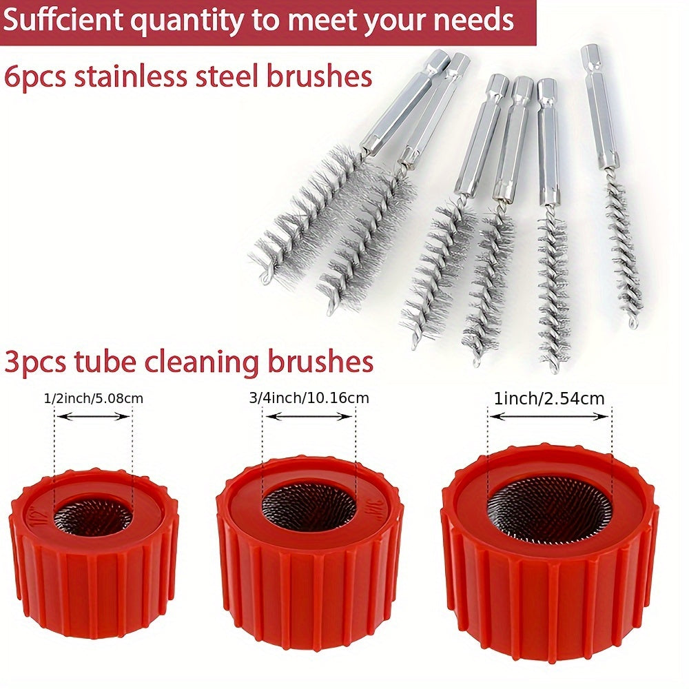 9pcs Set 1/2" 3/4" 1" Copper Pipe Cleaner for Drill