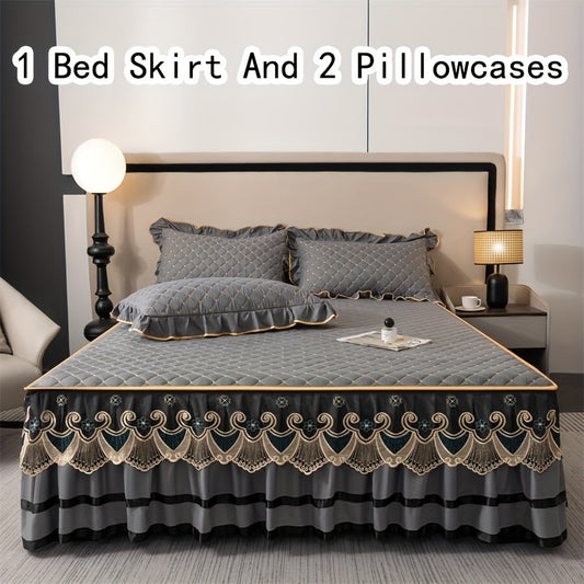 3pcs Bed Skirt Set Solid Color Quilted Thickened Lace Decoration