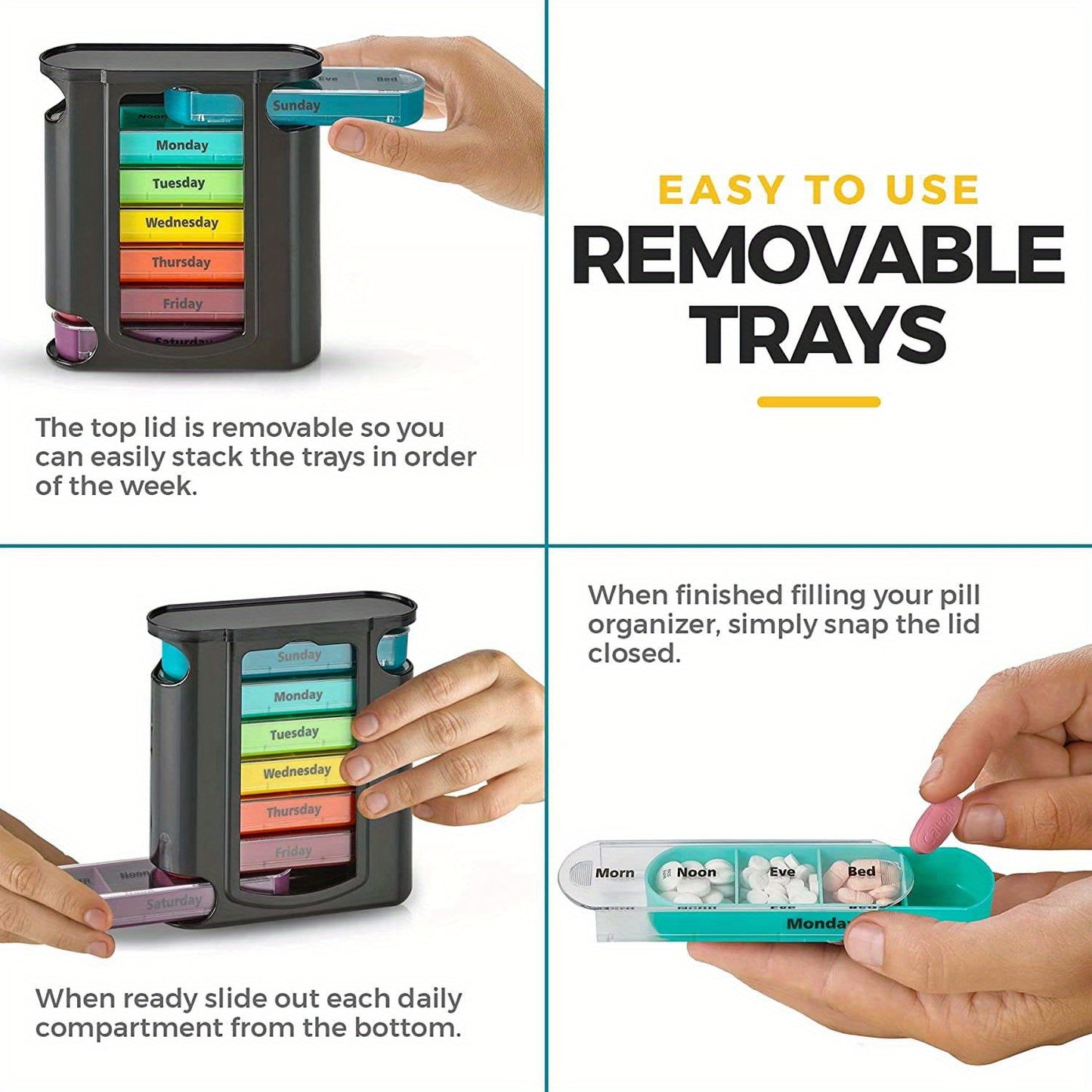 Weekly Pill Black Organizer 1 Dispenser 7 Stackable Compartments
