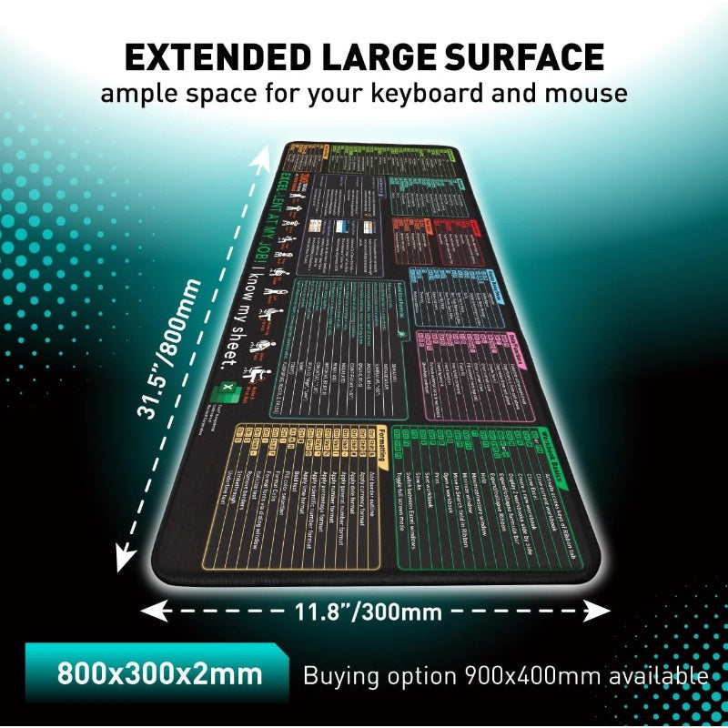 XXL Excel Shortcut Keys Mouse Pad - Large Extended Gaming & Office Spreadsheet Mat