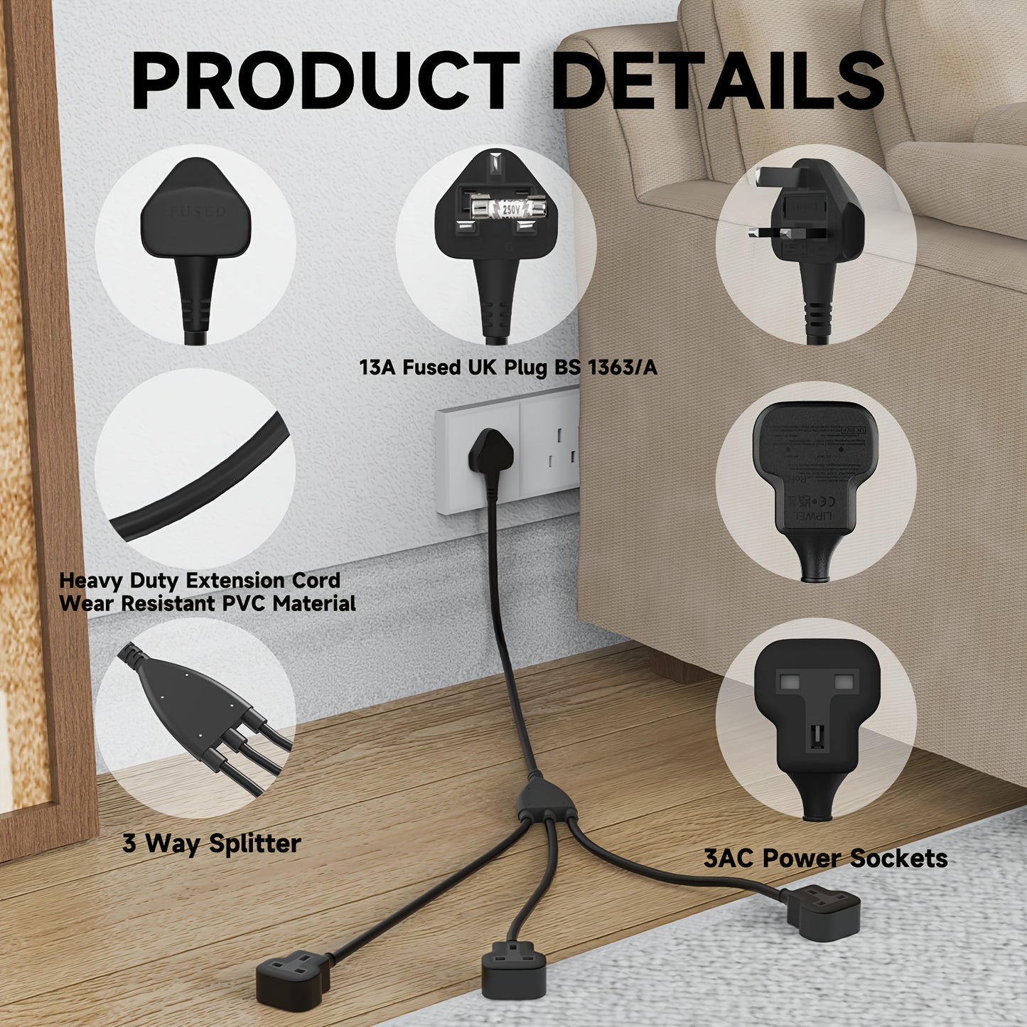 3 Way Power Cord Splitter Cable, 3 Prong 1 To 3 Extension Cord