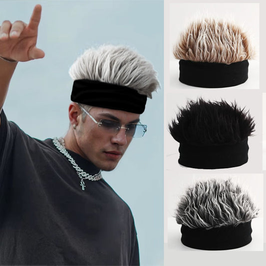 Men'S Hip-Hop Fashion Beanie with Faux Hair - Black Knit Skull Cap
