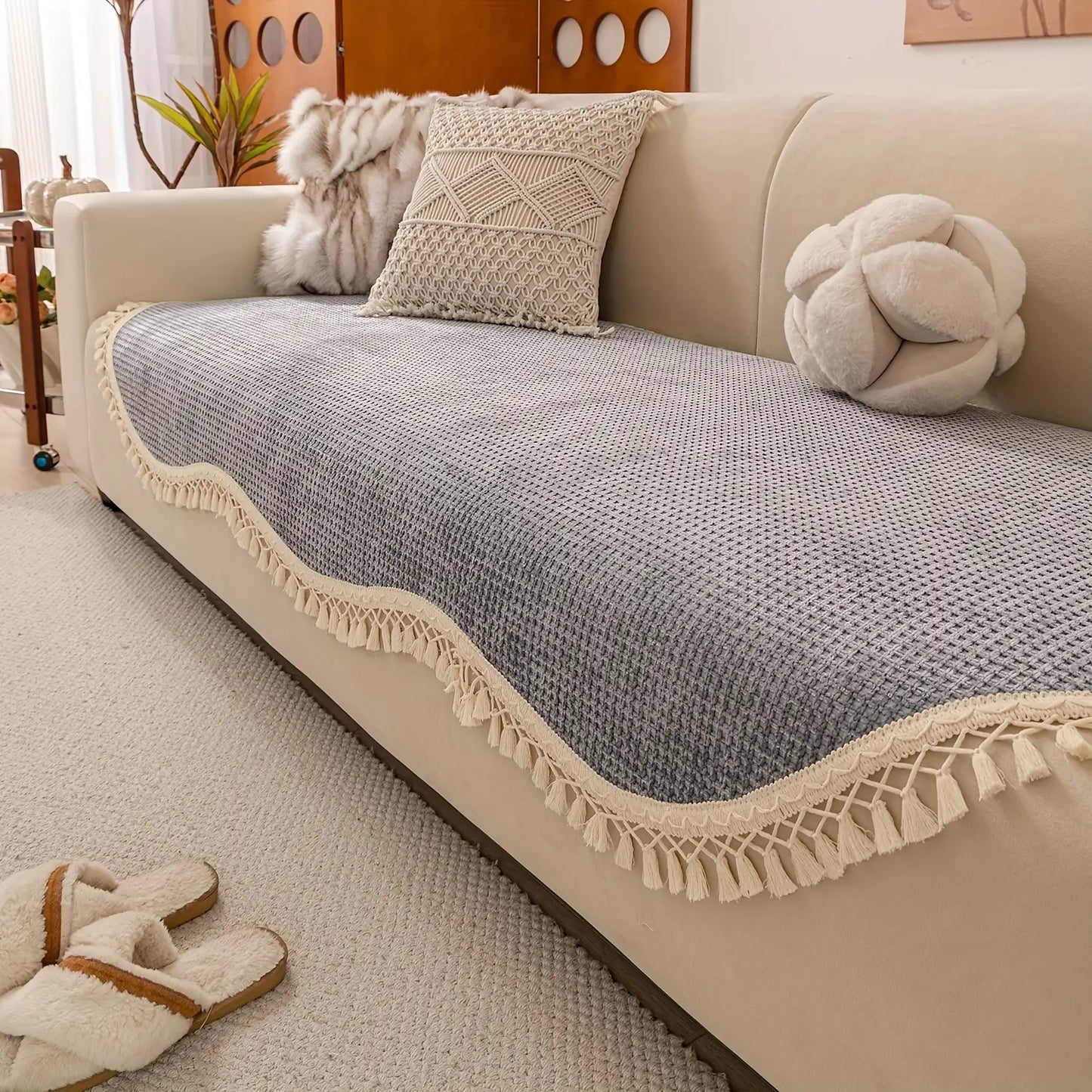 Classic Style Chenille Sofa Cover with Tassels