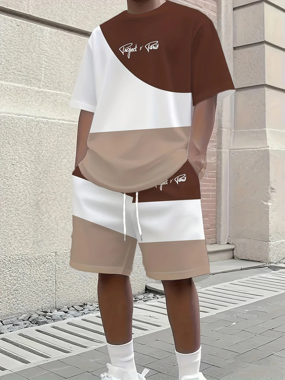 1 set of 2pcs 3D letter print stylish three-color Men's summer fresh T-shirt and shorts set