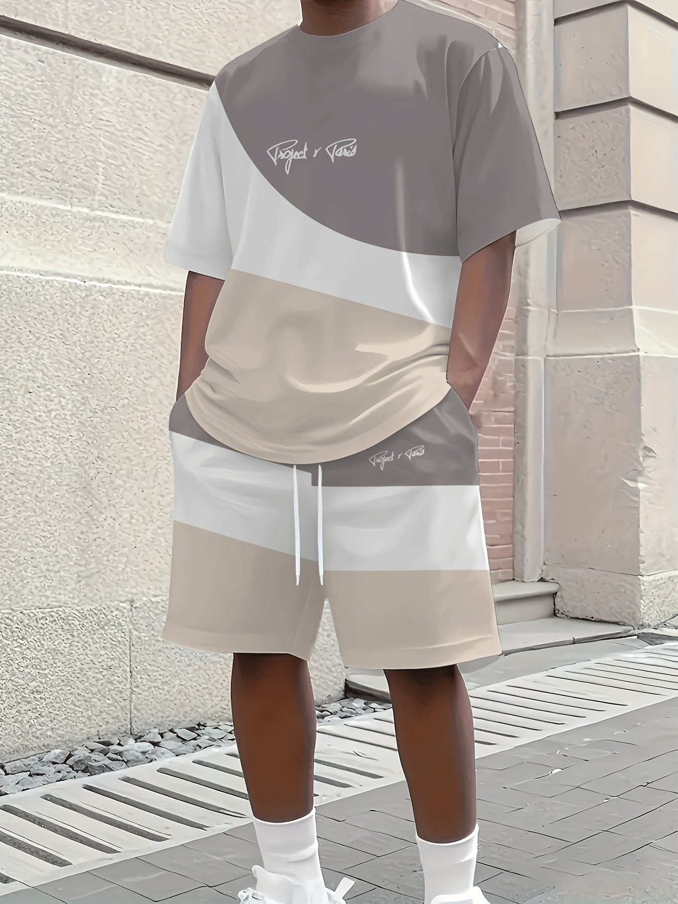 1 set of 2pcs 3D letter print stylish three-color Men's summer fresh T-shirt and shorts set