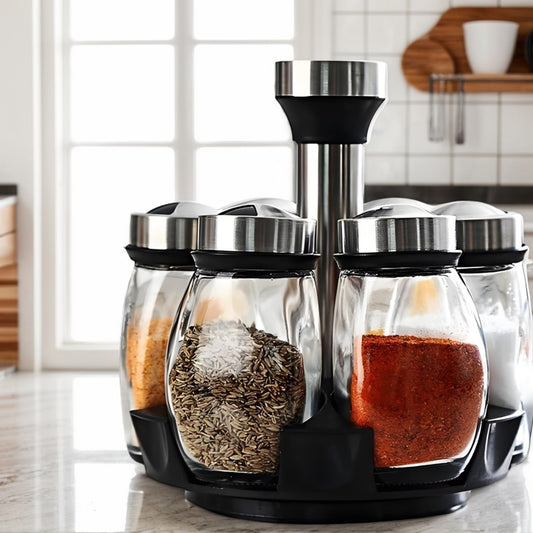 360° Rotating Spice Rack Tower Set, Equipped with 6 Glass Refill Containers
