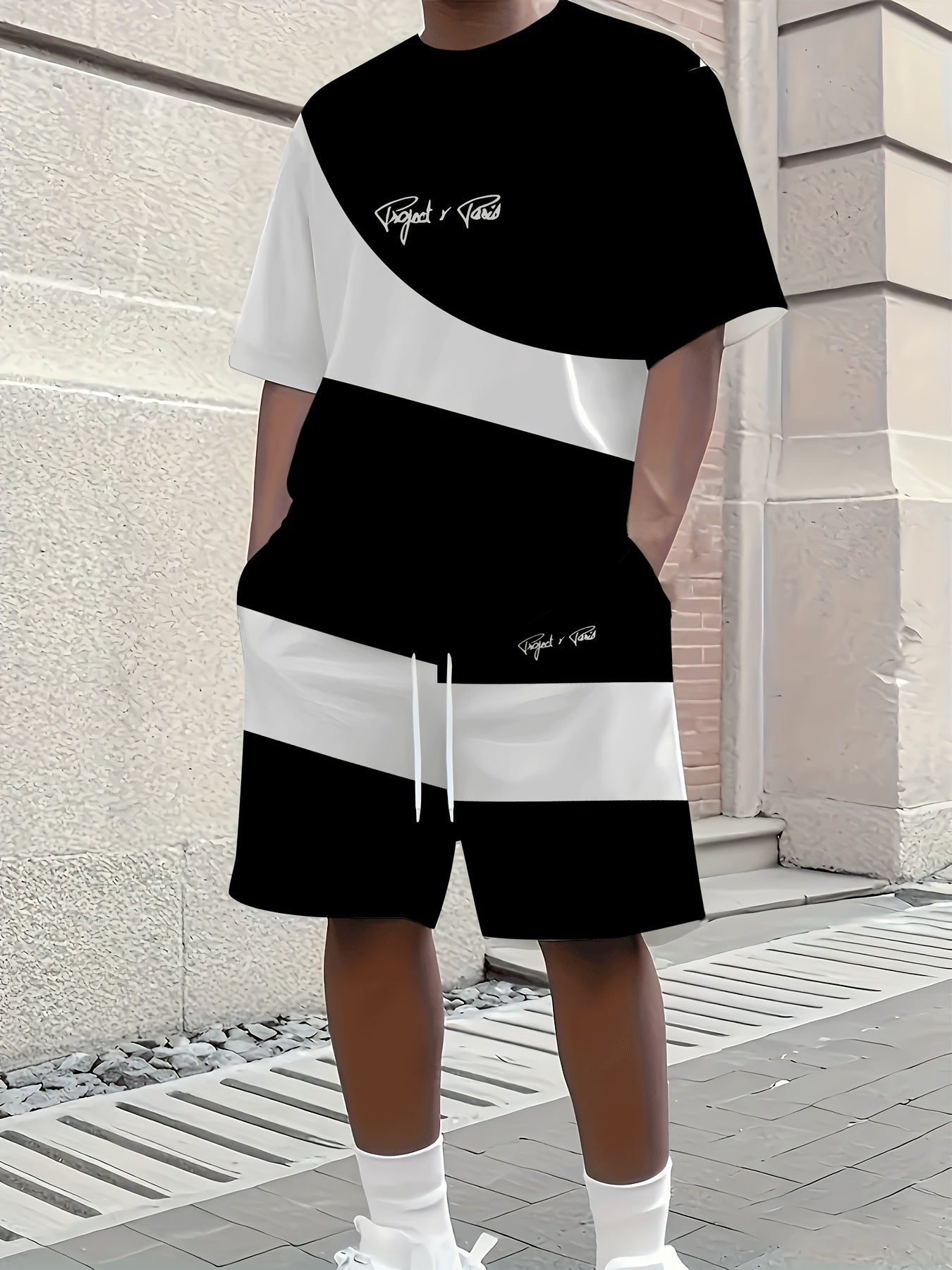 1 set of 2pcs 3D letter print stylish three-color Men's summer fresh T-shirt and shorts set
