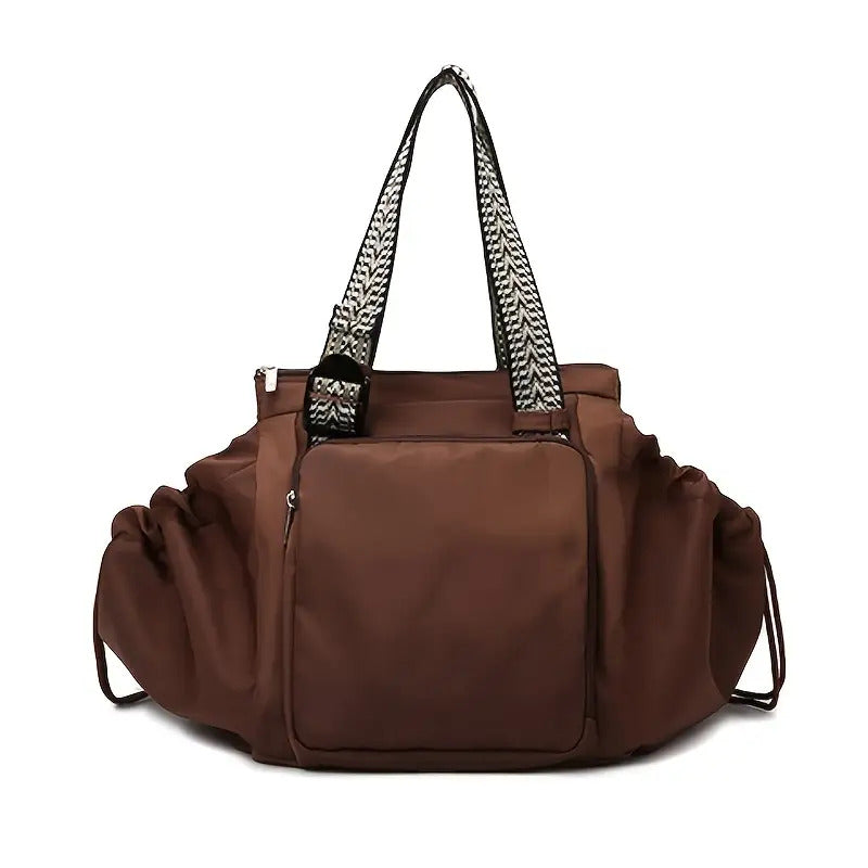 Large Capacity Beige Oxford Fabric Expandable Shoulder Tote Bag