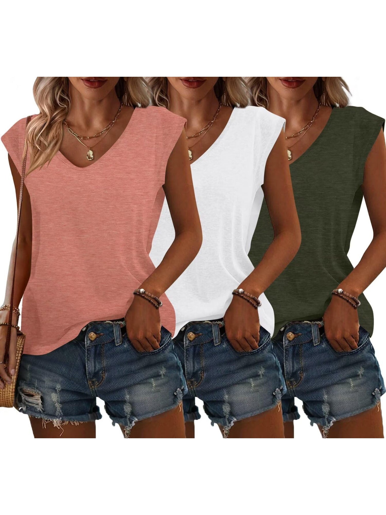 Women's V Short Sleeve Tank Top T T-shirt Spring Summer Casual Loose Basic Top 2025Fashion Clothing