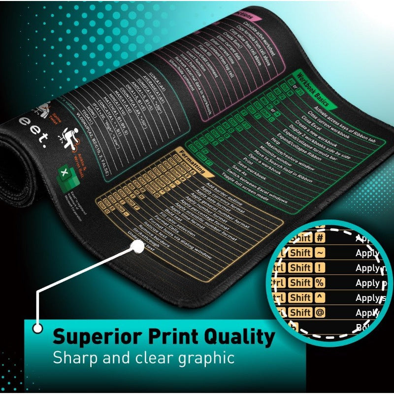 XXL Excel Shortcut Keys Mouse Pad - Large Extended Gaming & Office Spreadsheet Mat