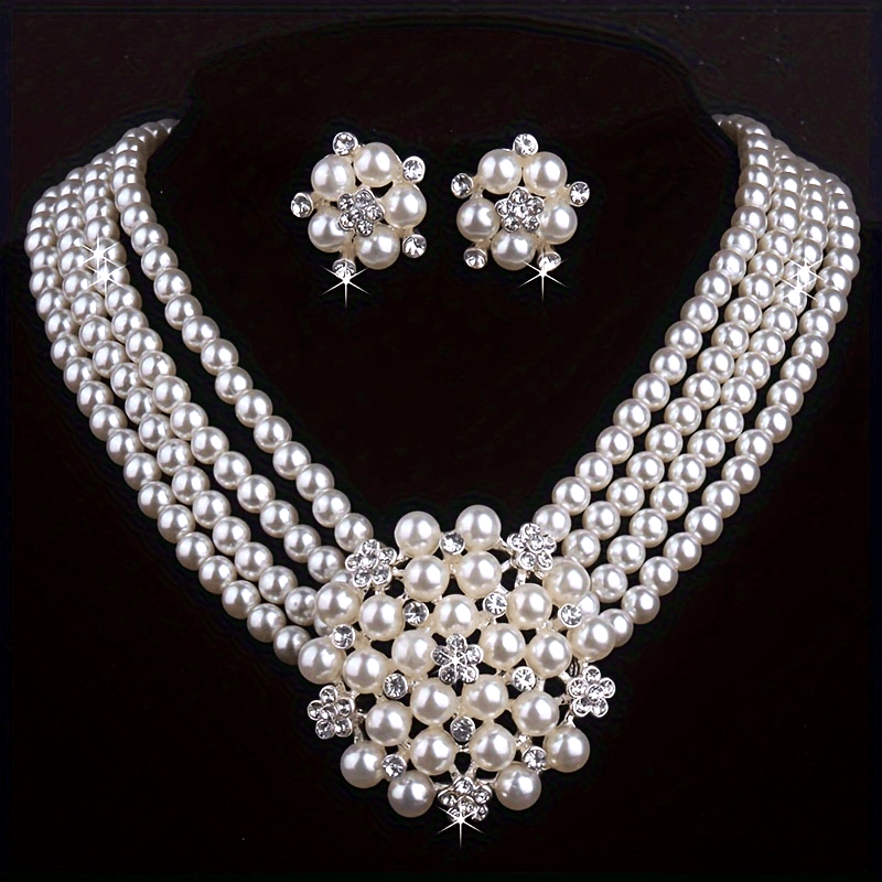 [Atmospheric Flower Necklace] 4-row Bead Necklace with a pair of earrings set