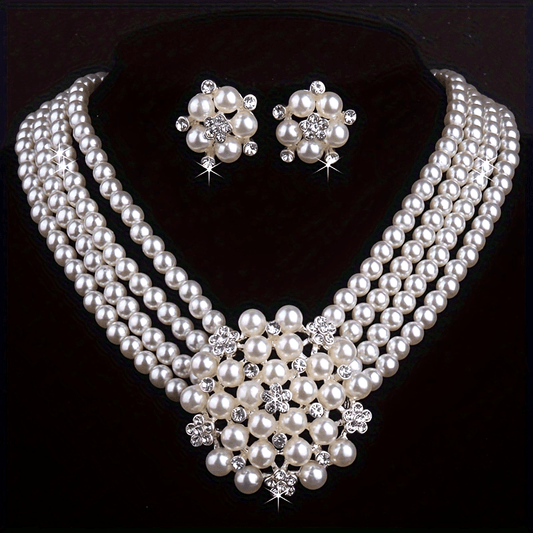 [Atmospheric Flower Necklace] 4-row Bead Necklace with a pair of earrings set