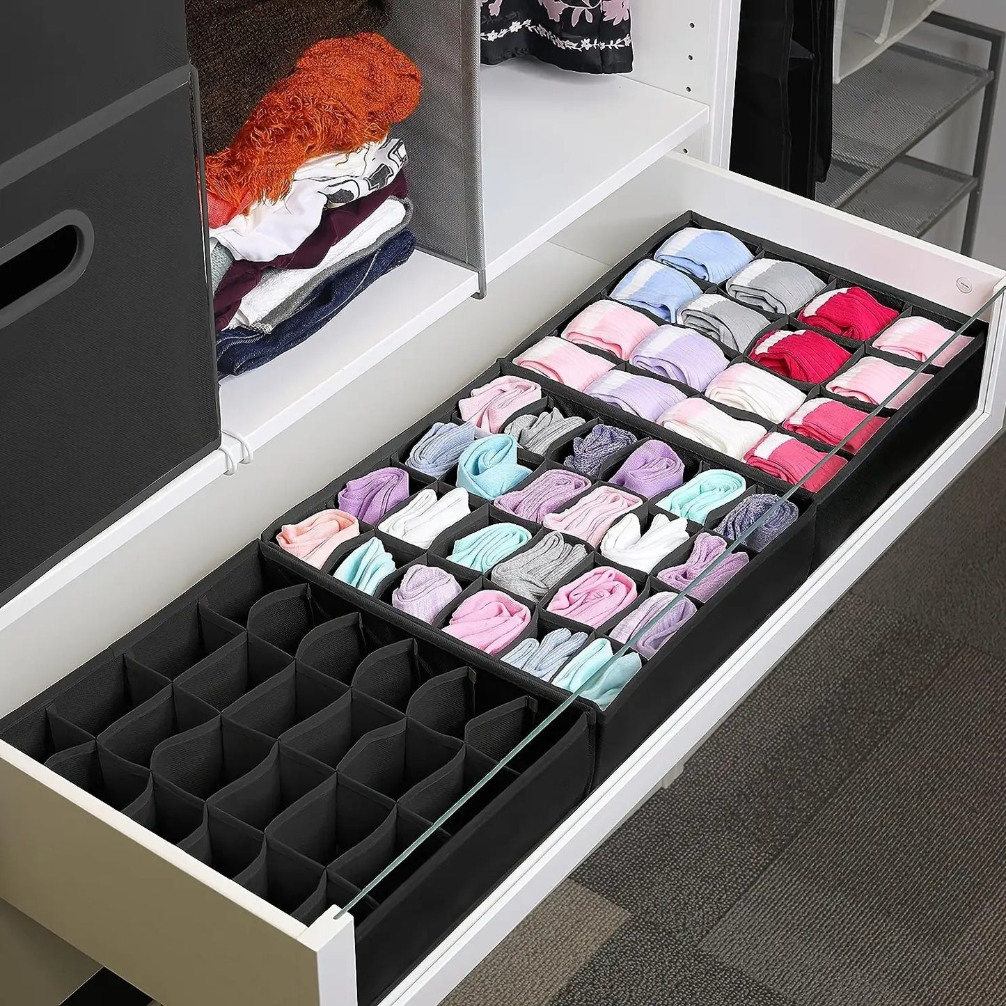 3 Pack 24-Compartment Fabric Socks & Underwear Organizers