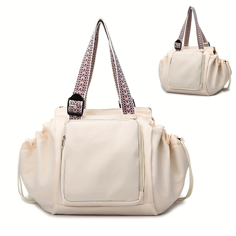 Large Capacity Beige Oxford Fabric Expandable Shoulder Tote Bag