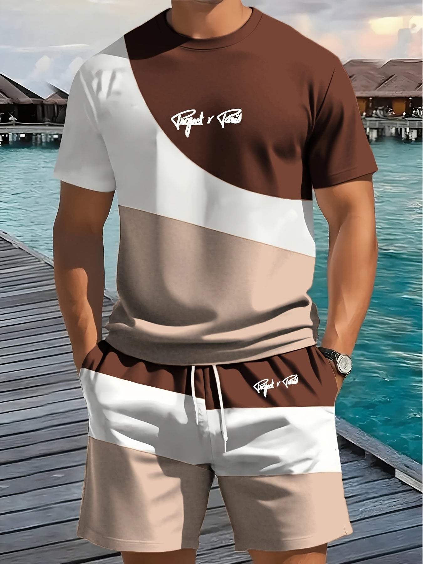 1 set of 2pcs 3D letter print stylish three-color Men's summer fresh T-shirt and shorts set