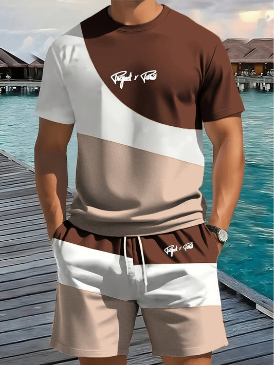 1 set of 2pcs 3D letter print stylish three-color Men's summer fresh T-shirt and shorts set