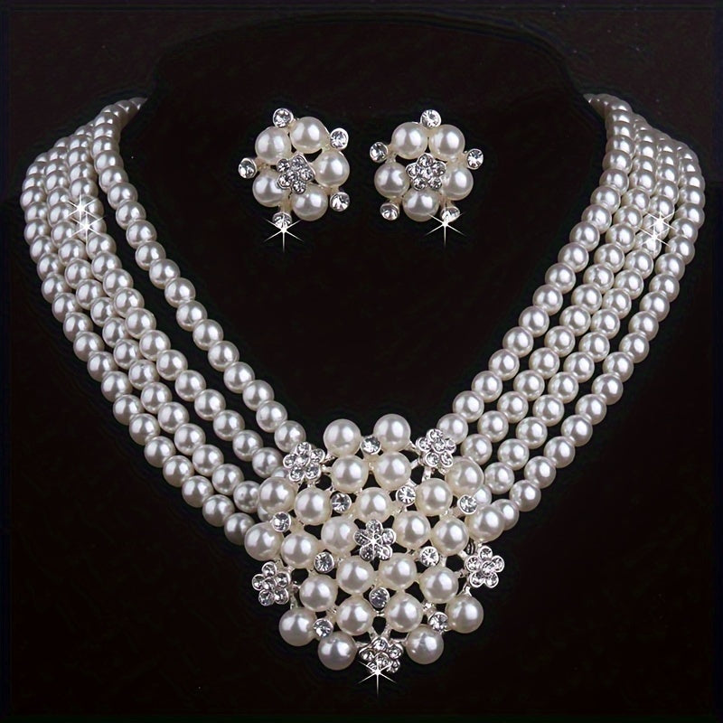 [Atmospheric Flower Necklace] 4-row Bead Necklace with a pair of earrings set