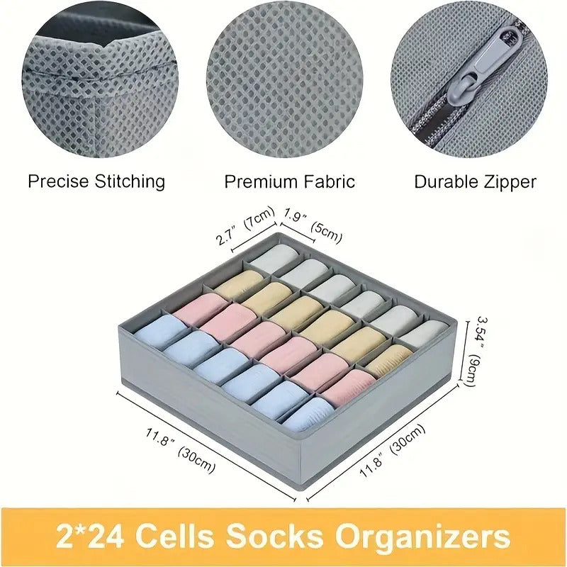 3 Pack 24-Compartment Fabric Socks & Underwear Organizers