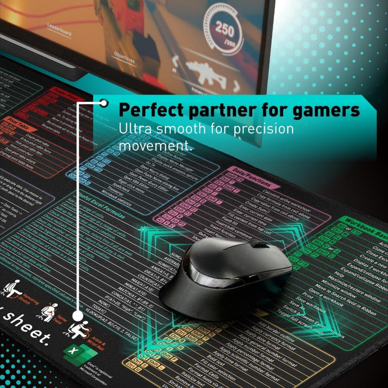 XXL Excel Shortcut Keys Mouse Pad - Large Extended Gaming & Office Spreadsheet Mat