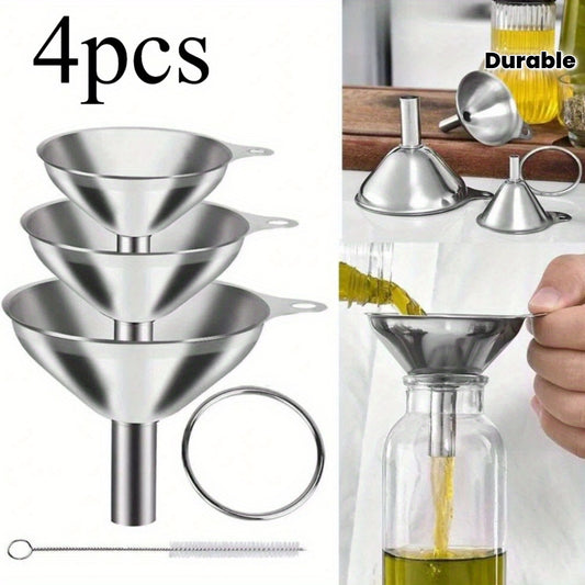 4pcs Stainless Steel Kitchen Funnel Set with Cleaning Brush