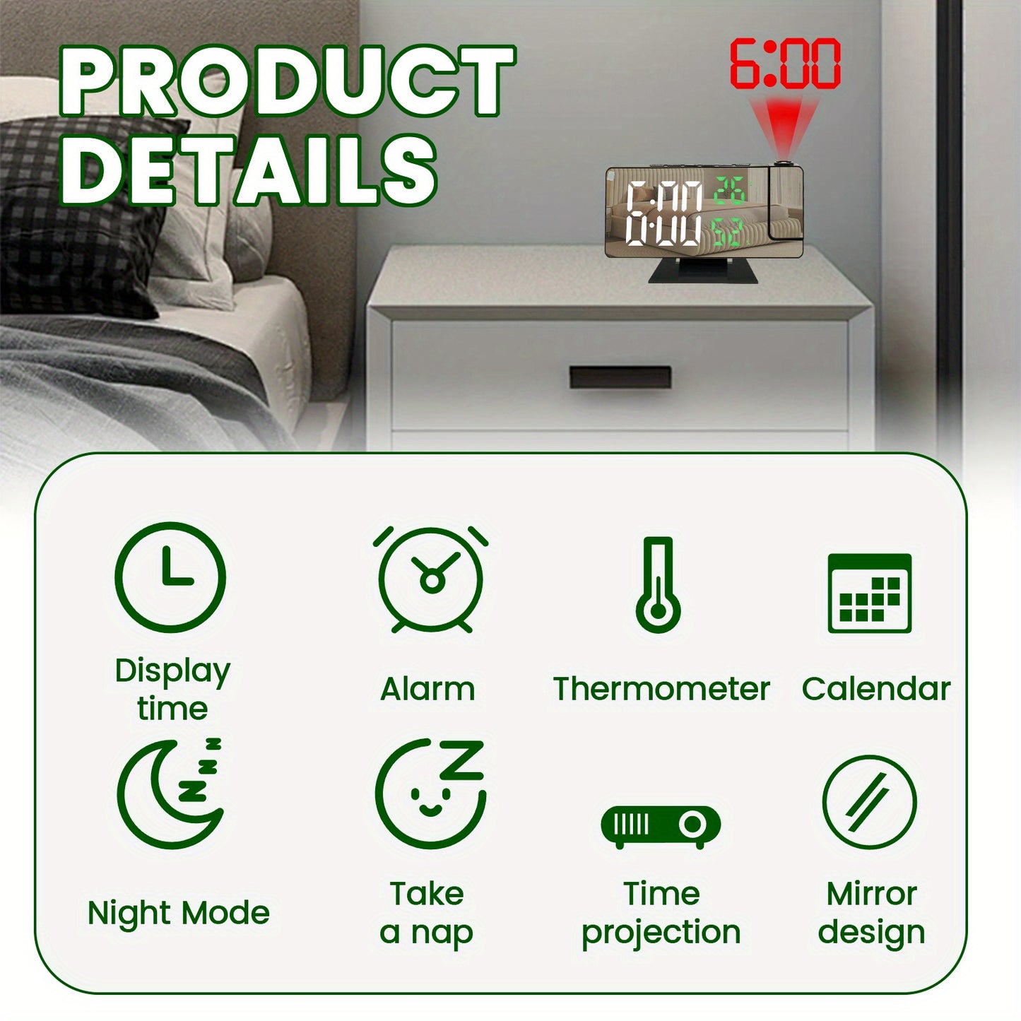 [Rotatable Mirror Projection Clock] 4 Level Dimmable Projection Alarm Clock