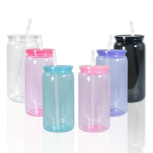 6pcs 16oz Clear Jelly Colored Plastic Can Cups with Lids and Straws