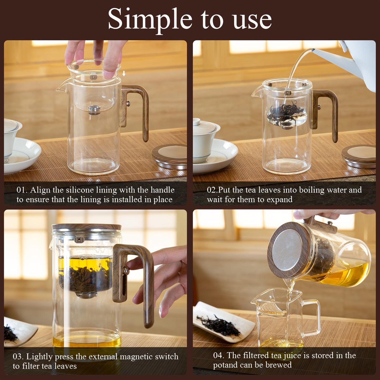 Water Separation Glass Teapot With Wooden Handle